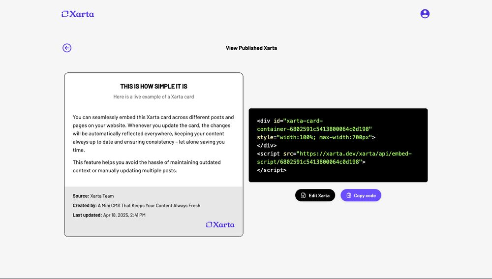 Xarta preview page, where staff users can edit and preview context cards as well as copy the embed code for the Xarta iframe.