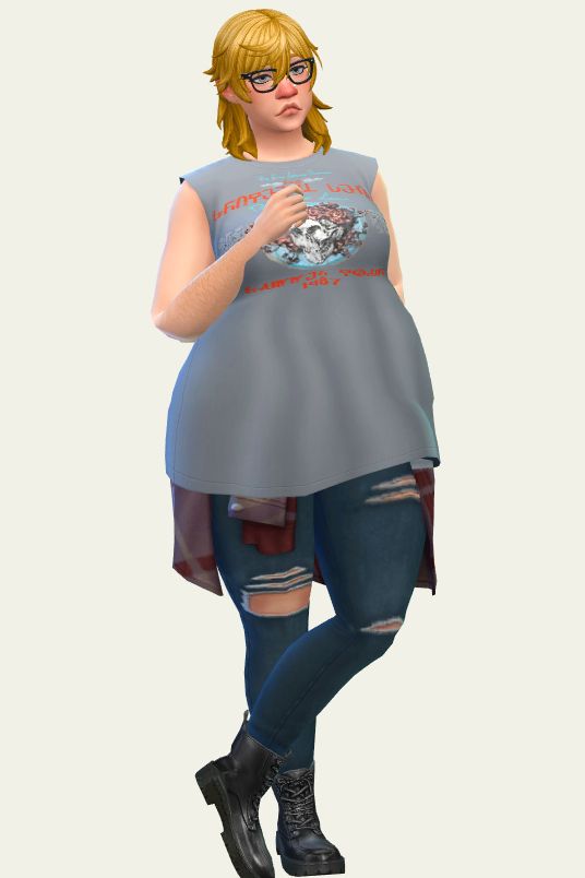 Ginger haired sim with a shaggy mullet, Grateful Dead sleeveless tank top & ripped jeans. Red plaid shirt tied around their waist and shiny combat boots. 