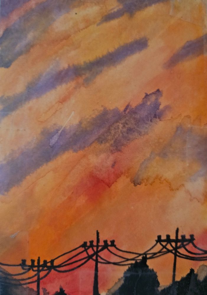 Watercolor painting. Trees and powerlines in silhouette against an orange red sky.