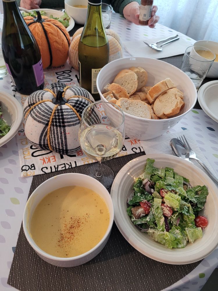 Image of my dinner table during soup night. Butternut squash soup is the main dish.