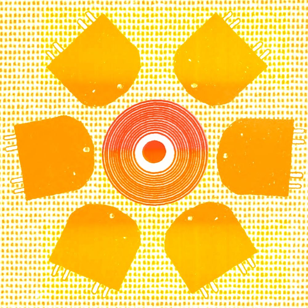 Cover image for the July 16, 2025 episode of Cycles Per Second: a bright orange-and-yellow tinted, stylized illustration showing an overhead view of an LP in the center of six head-on views of turntable cartridges, each slightly rotated as to form a flower shape, all set on a speckled background.