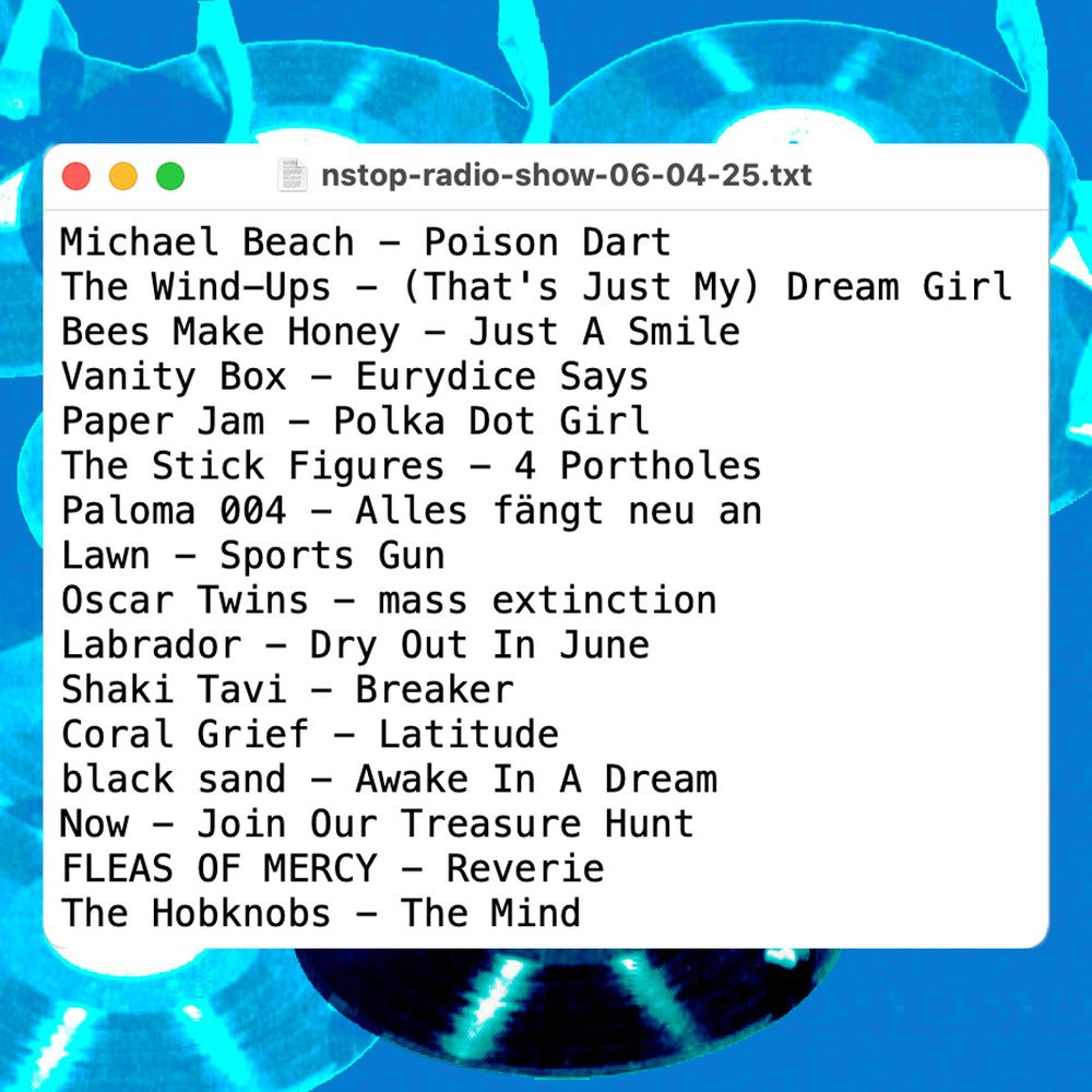 Playlist for the June 4, 2025 episode of Cycles Per Second:

Michael Beach - Poison Dart
The Wind-Ups - (That's Just My) Dream Girl
Bees Make Honey - Just A Smile
Vanity Box - Eurydice Says
Paper Jam - Polka Dot Girl
The Stick Figures - 4 Portholes
Paloma 004 - Alles fängt neu an
Lawn - Sports Gun
Oscar Twins - mass extinction
Labrador - Dry Out In June
Shaki Tavi - Breaker
Coral Grief - Latitude
black sand - Awake In A Dream
Now - Join Our Treasure Hunt
FLEAS OF MERCY - Reverie
The Hobknobs - The Mind