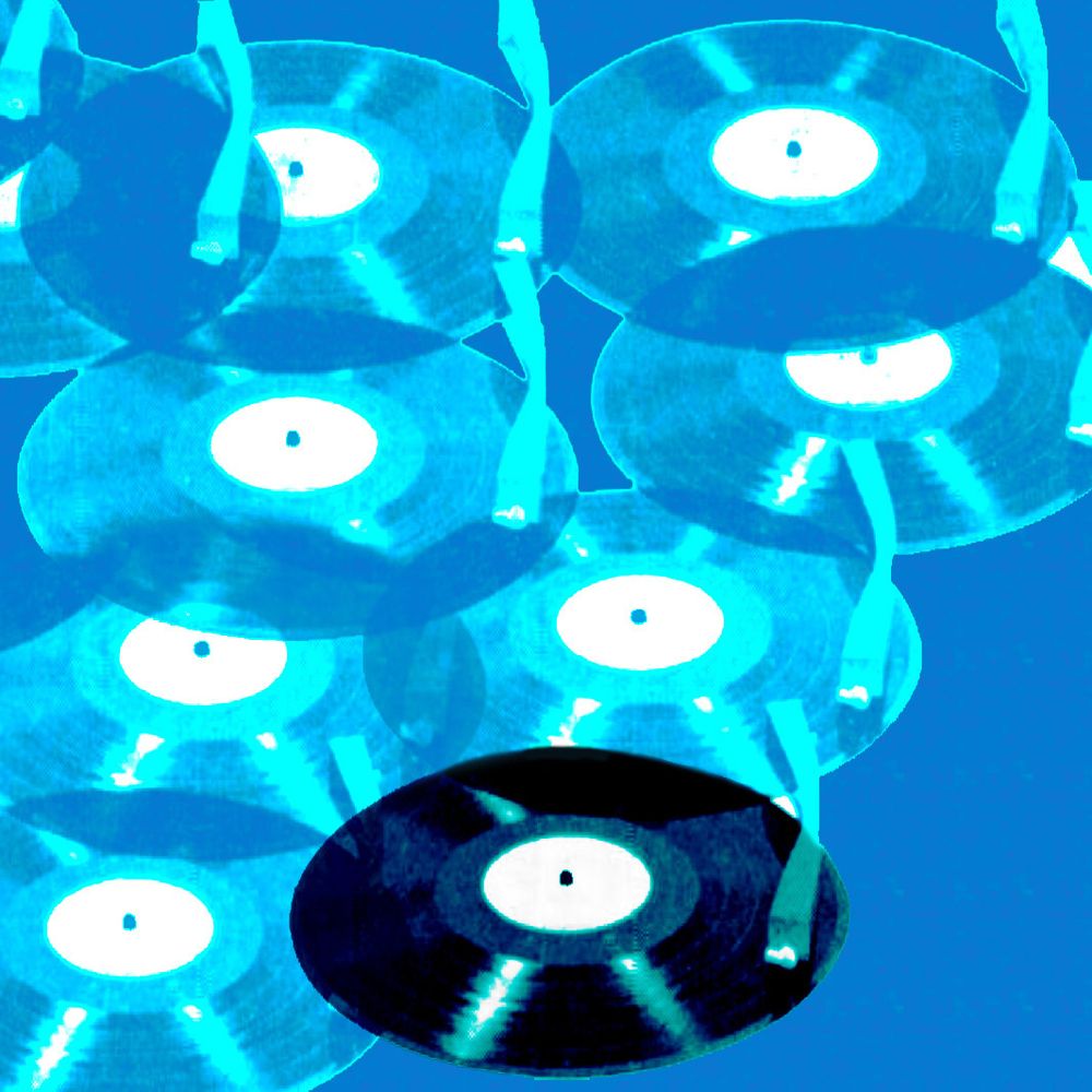 Cover image for the June 4, 2025 episode of Cycles Per Second: a blue-tinted illustration consisting of multiple, stacked images of a vinyl record and record player tone arm, with one at the bottom rendered in black and dark blue.