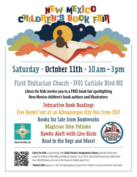 A flyer repeats the information in the post, along with a list of activities: Interactive Book Readings, free books out of an Albuquerque city bus from nineteen twenty-seven, books for sale from Bookworks, magician Jon Polinko, Hawks Aloft with live birds, Read to the Dogs and more!