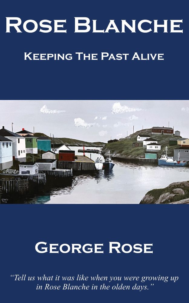 Book cover, featuring a folk art style painting of the village - several colourful houses and boats in a small bay.