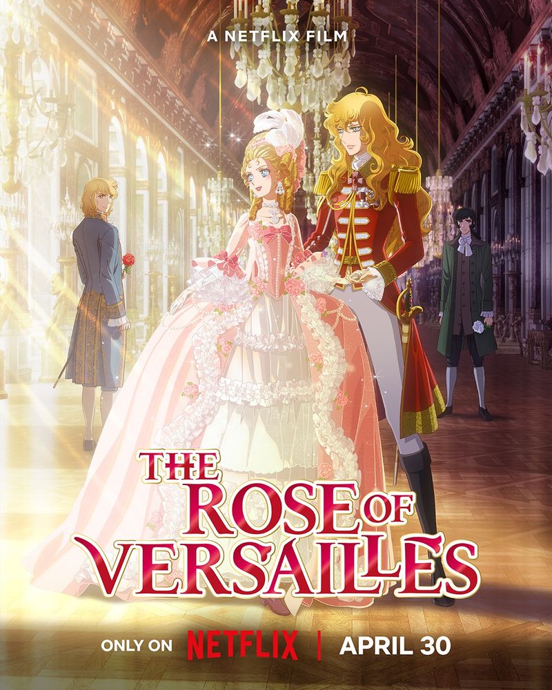 Visual de "Rosa de Versalhes" com o logo da Netflix e a data de lançamento para 30 de Abril. 