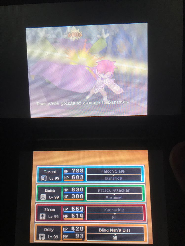 Dolly dealing to the final blow to a Baramos, a boss from Dragon Quest 3 but included in 9 as a legacy fight, using Blind Man’s Biff to randomly target the only foe in the battle (which makes it guarenteed to hit) for boosted damage