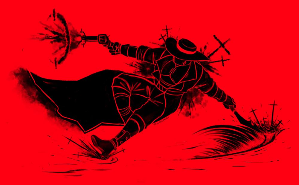 Bandit from Risk of Rain 2 but in the cover style of ULTRAKILL: INFINITE HYPERDEATH. i made this a while ago I'm just posting my backlog right now of pieces im proud of