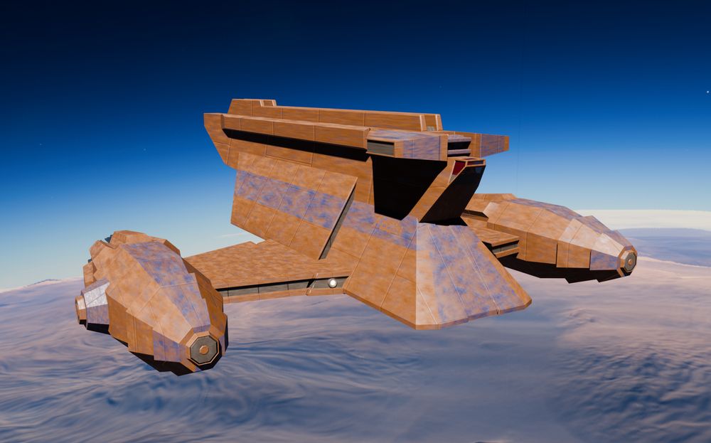 YV-865 Aurore-class freighter. Rusty orange spaceship with a very basic angular/rectangular prism sort of shape with two large octagonal engines at the ends of short triangular wings.