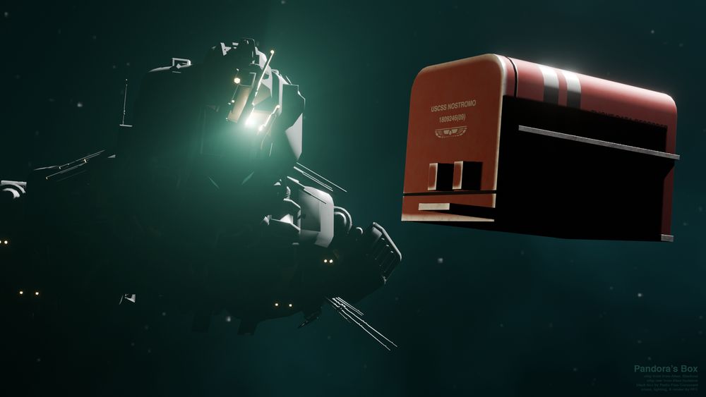 Green space scene depicting the USCSS Anesidora discovering the USCSS Nostromo's flight data recorder in deep space. 

Anesidora model is a combination of the incomplete model used in Alien: Isolation (rear) and the USCSS Haldin from Alien: Blackout (front). Ship assembly, texture, and lighting by me, as well as the flight data recorder, scene, and render.