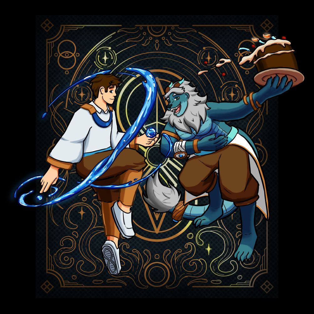 An illustration of Eight swirling a trail of water and Orlion slightly bowing down while holding a cake with some icing and toppings falling off. Behind them is a tarot card background with golden detailed elements