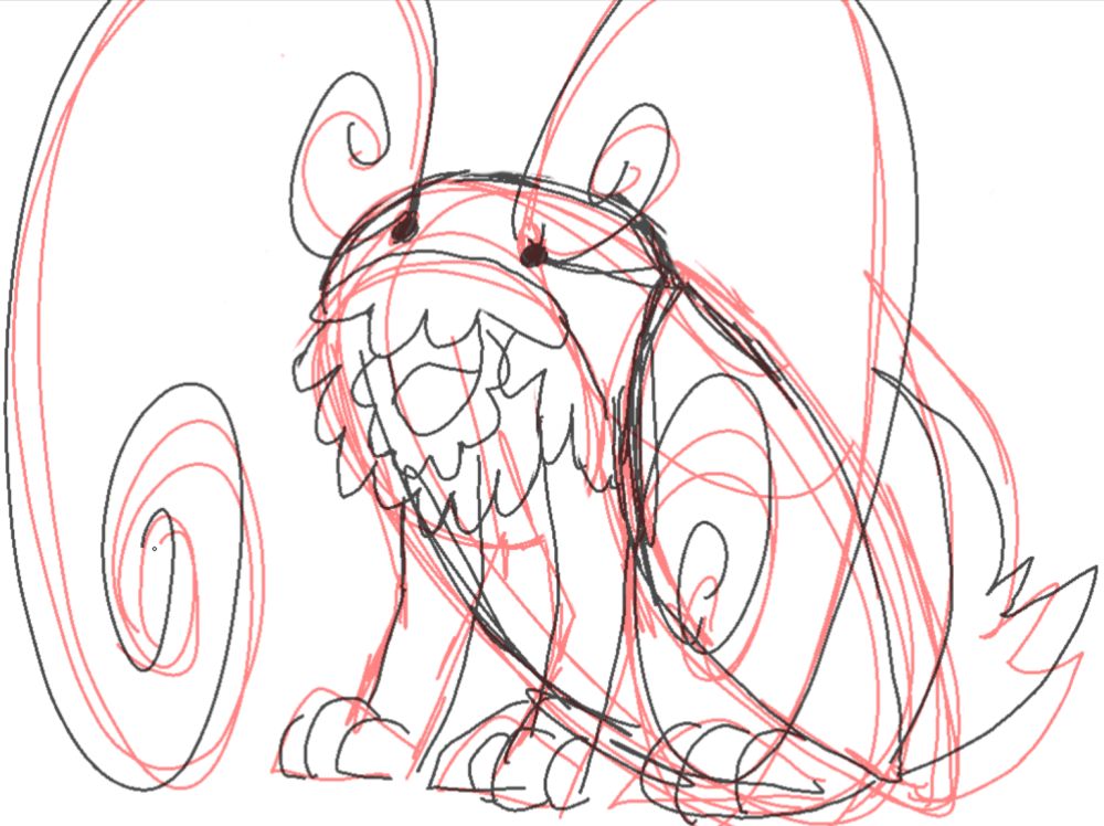 sketch of a horrifically cutesified ghom (soul-eating roach dog from infinity train) sitting with what looks like a dopey grin, curly antennae coming from stalk holes that look like small eyeballs, various (poorly drawn) tendrils hanging from what looks like its mouth, elytra pinned back against its back paws, and tail upright.