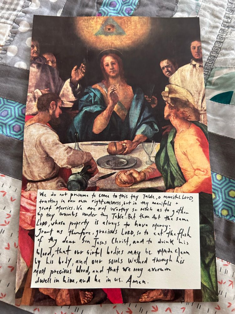 photo of a collage that includes Jesus breaking bread and the prayer of humble access. 