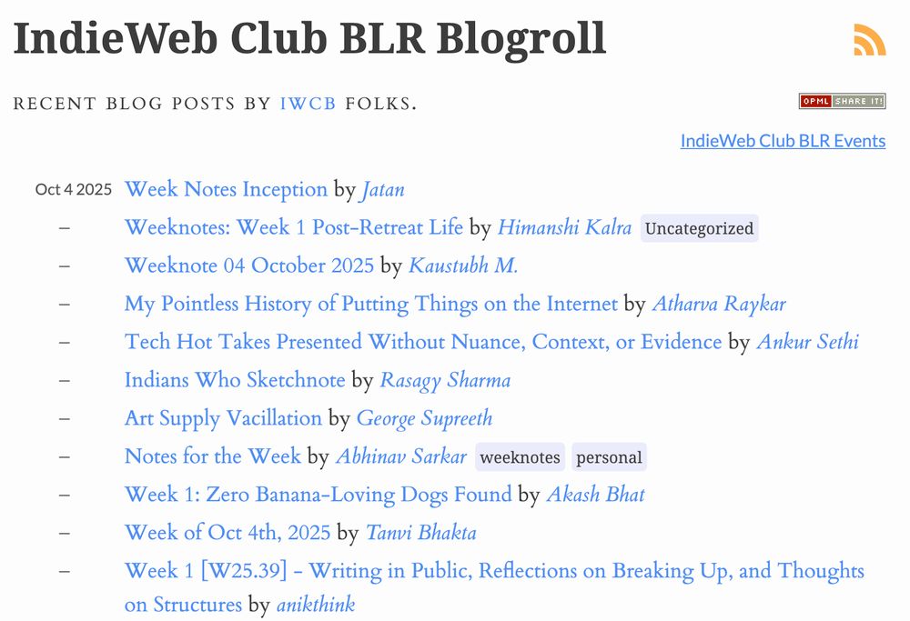 A screenshot of titles of the blog posts written by the members of IndieWebClub Bangalore today.