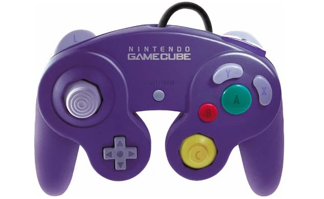 Gamecube controller with the A button on the bottom.
