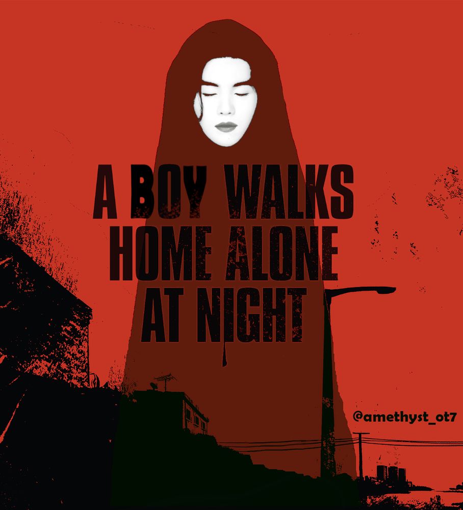 A movie poster-style image, black and red colors, Yoongi with his eyes closed in a ghostly cloak with stylized image of a town at the bottom.  The text says A Boy Walks Home Alone At Night