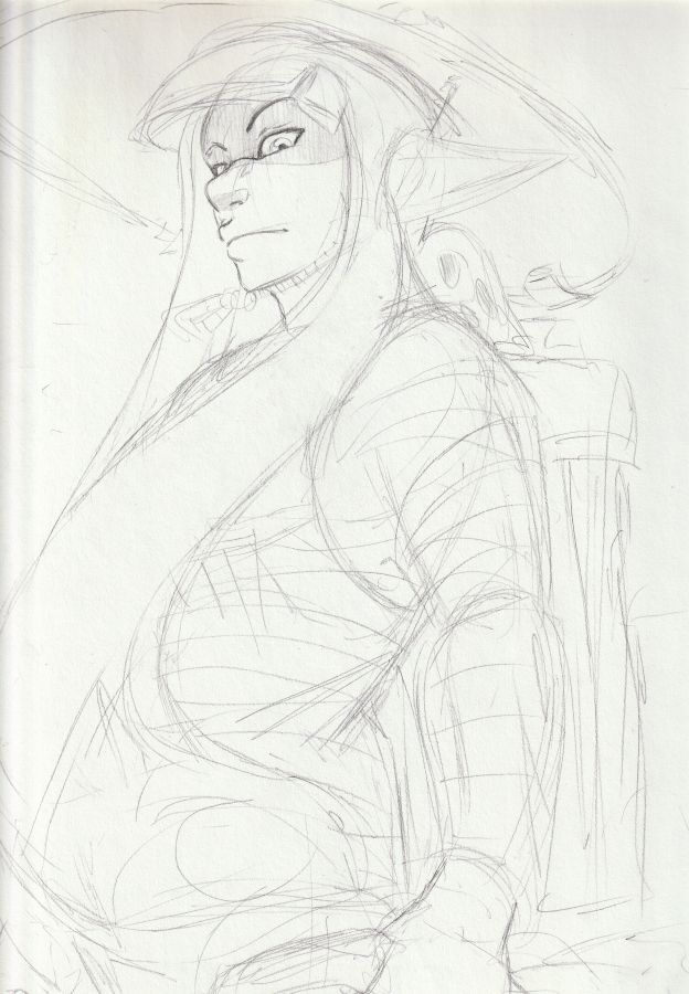 Rough pencil sketch of Bamboo from the coroika splatoon manga. A stoic looking female inkling who gazes out at the viewer. She is wearing an inktank harness on her back and seems to be holding the handle to her heavy splatling weapon in one hand.