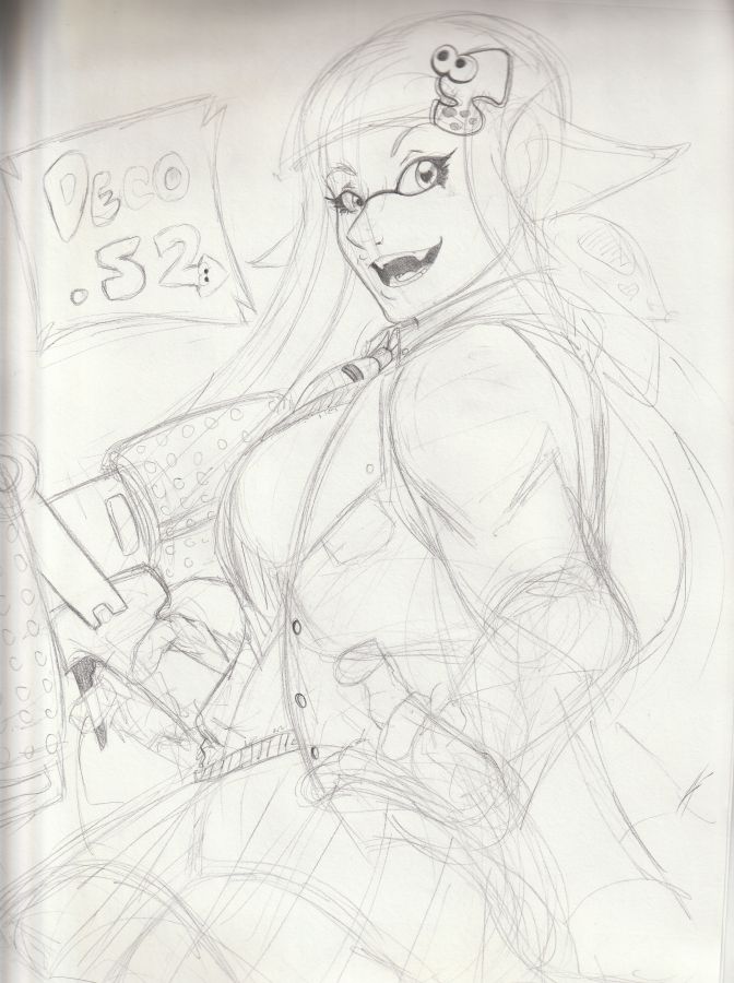 Pencil sketch of a smiling, female Inkling wearing the School Uniform gear and carrying a .52 Gal Deco. The words DECO .52 are written in bubble font in a comic text box to her left. The '2' is in a squid shape much like the 2 in the logo for Splatoon 2.
