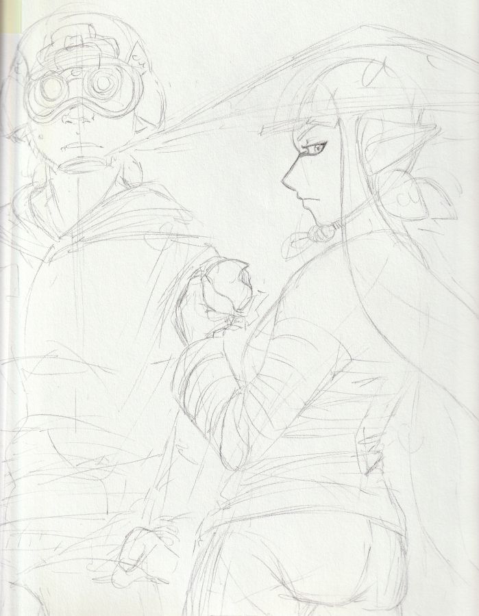 Pencil sketch of two Inklings from the manga: Bamboo and Stealth in a redraw of a panel from the manga. Stealth looks surprised while Bamboo's stare clearly denotes she does not want to be disturbed while eating her snack.
