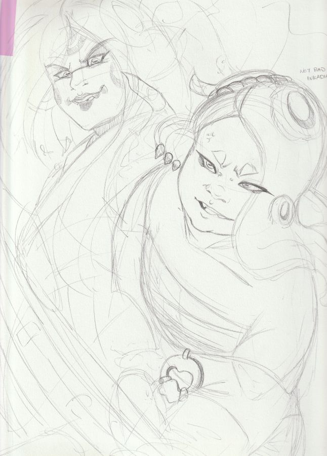 Rough pencil sketch of Shiver looking dismayed at Avia, who stands confidently behind her. To the right of Shiver's head is a handwritten text caption that reads "Not bad for an Inkadia clan"