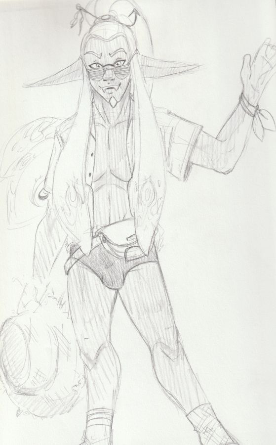 Pencil sketch of an adult male Inkling with a long ponytail and goatee. He's wearing a tacky outfit much like a tourist, complete with an open Hawaiian shirt, speedo, fannypack and mismatched socks with sandals. He holds a large bring straw hat in one hand. A pair of shutter shade sunglasses adorns thier face. They have a piece of cloth tied around their left writs. A fishhook is wedged between his ponytail elastic.