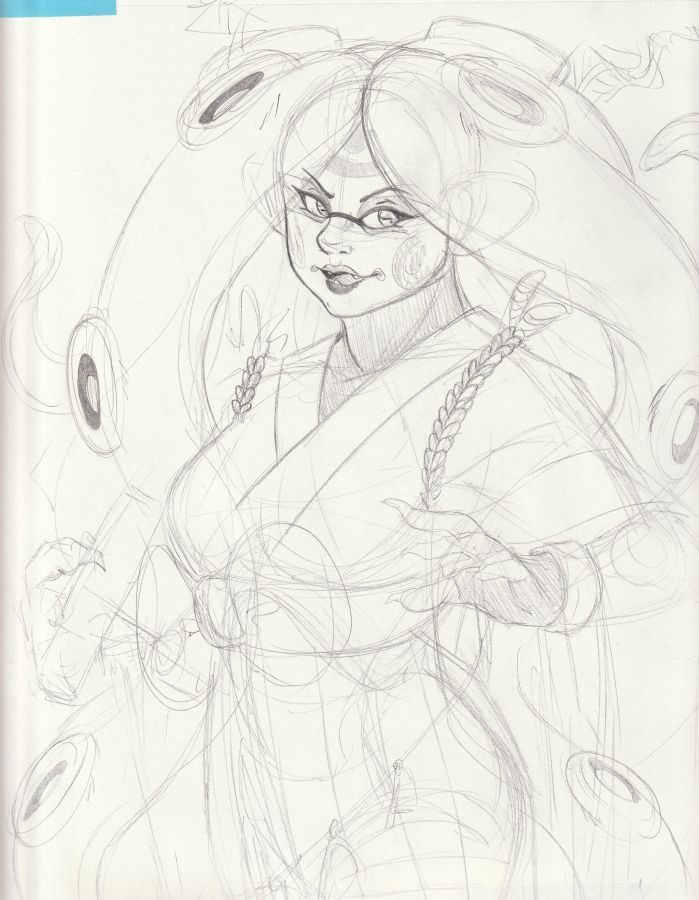 A pencil sketch of a female adult Octoling with long tentacles and wearing a kabuki theatre inspired outfit. She has a regal and elegant aura about her. The under drawing in the pencil work can be seen throughout the sketch, with some areas roughly filled in and others unfinished.
