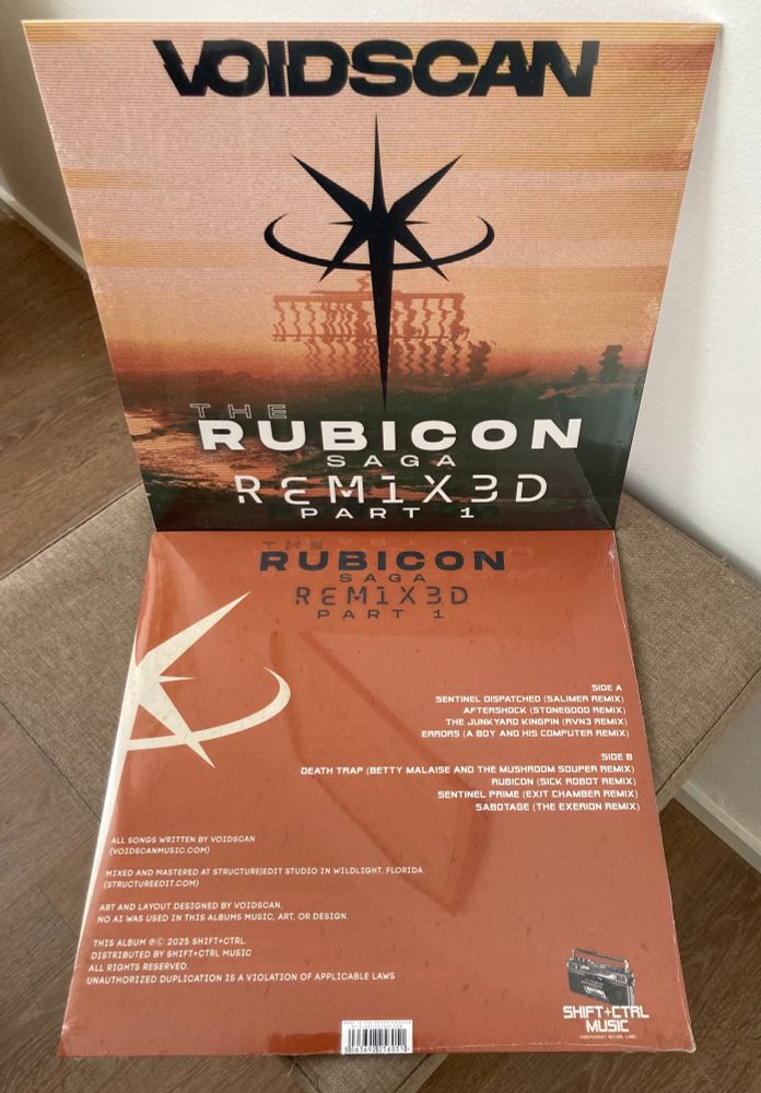 The 12'' cover and tracklist of the Rubicon Saga Remixed by Voidscan and many other remixers. 