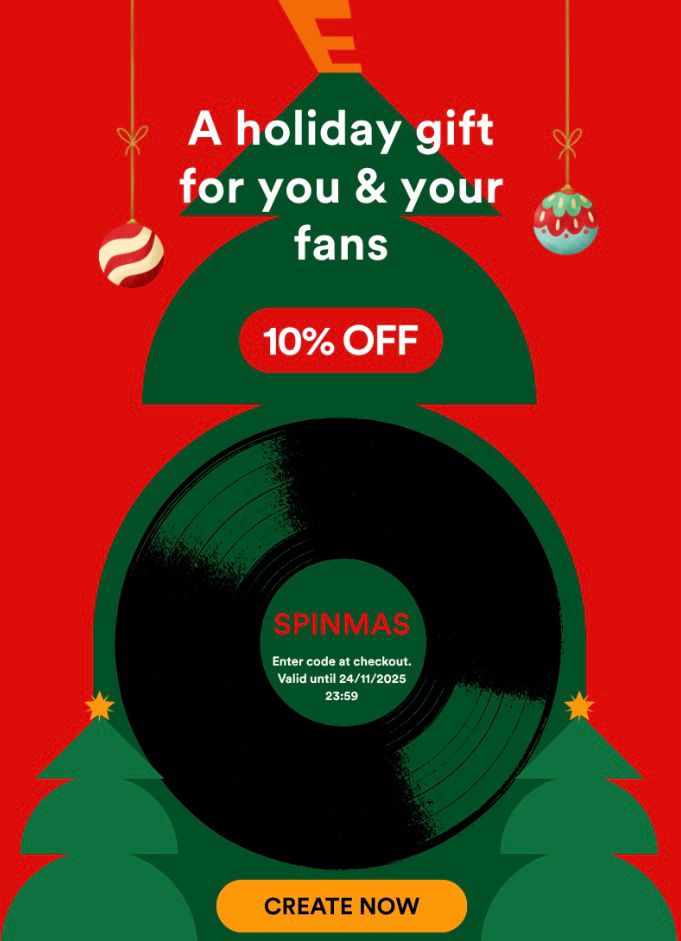 A picture from Elastic Stage showing a 12” record in a Christmas tree. The code SPINMAS gives you 10% discount.
