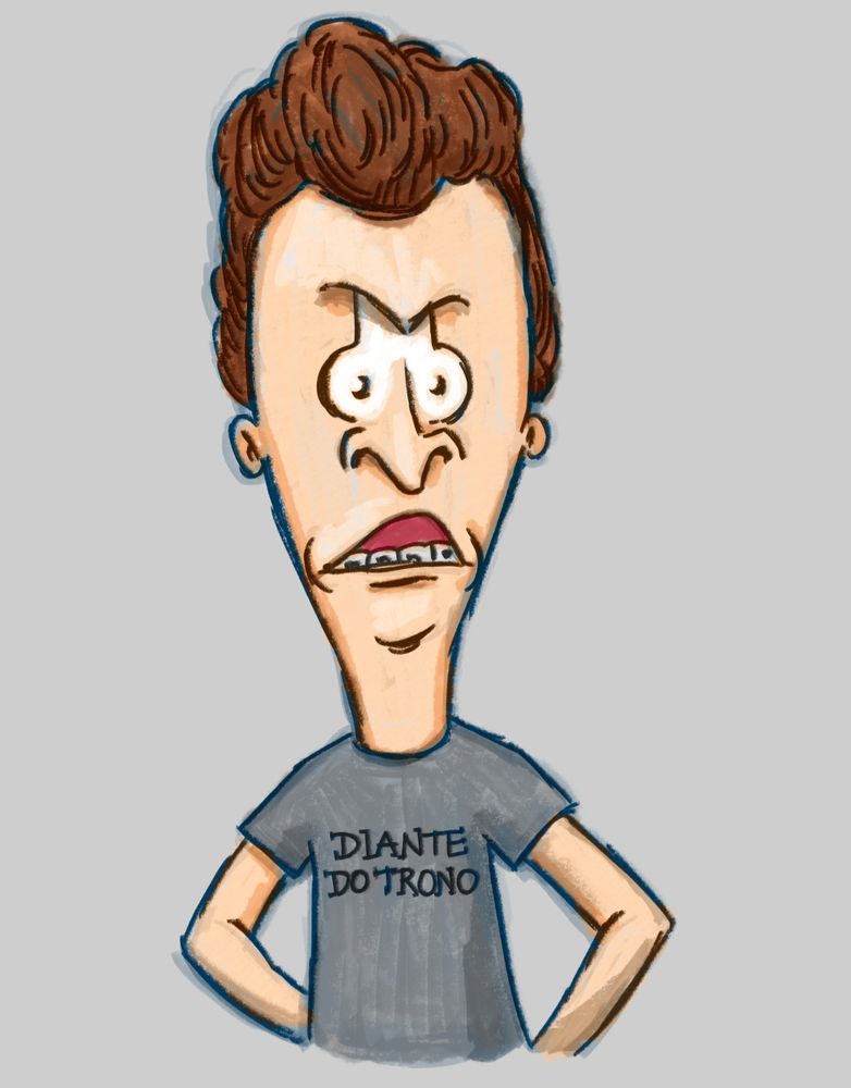 Esboço: personagem Butt-Head com olhos no estilo do personagem Dudão, com uma camiseta escrita "Diante do Trono" no lugar de "AC-DC", que originalmente o personagem usa.