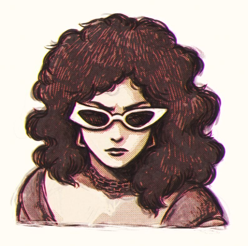 rabisco digital feito por mim, baseado em tieta do agreste, mais especificamente a novela tieta onde a personagem é interpretada pela atriz betty faria. tieta tem um volumoso e escuro cabelo ondulado, e incríveis óculos escuros de design assimétrico, esquisitão, muito avant-garde anos 80.