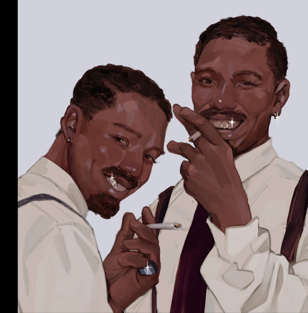fanart of the smokestack twins holding cigarettes, looking at the viewer 