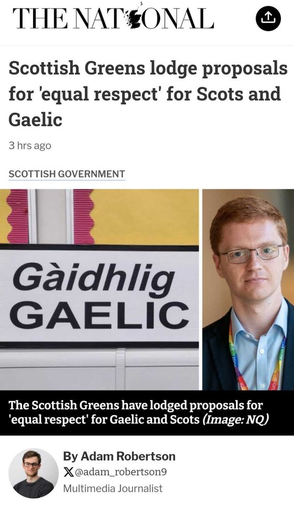 National newspaper headline: Scottish Greens lodge proposals for 'equal respect' for Scots and Gaelic