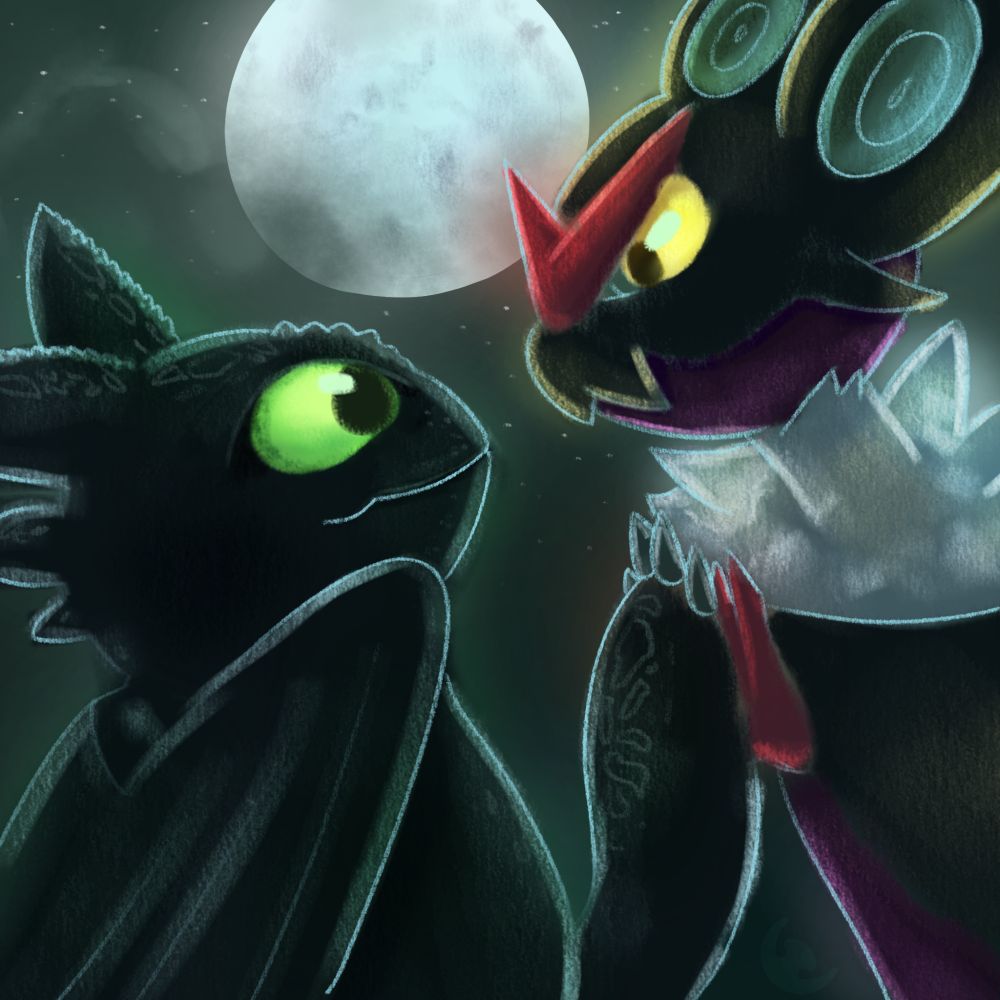Digital drawing of Toothless from HTTYD and Noivern, getting to know each other.