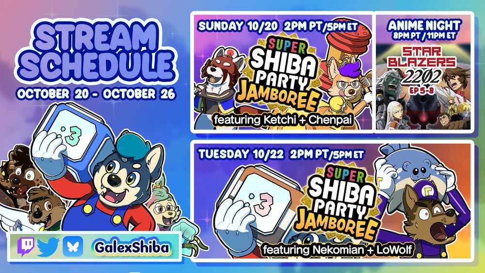 GalexShiba will stream Super Mario Party Jamboree on Sunday, October 20 @ 2PM PT/5PM ET and on Monday, October 22 @ 2PM PT/5PM ET. We're watching Star Blazers 2202 for Anime Night on October 20 @ 8PM PT/11PM ET! Come chill with us~