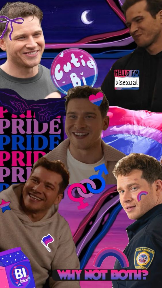 A blue purple and pink collage to match the colors of the bi flag with pictures of Buck. It says “cutie bi” “pride” and “why not both”