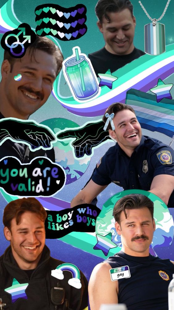 A blue and green themed collage to match the gay flag with pictures of Eddie. It says “you are valid” and “a boy who likes boys” 