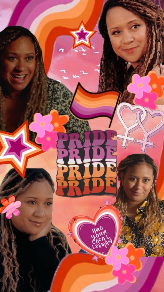 A pink white and orange collage to match the colors of the lesbian flag with pictures of Karen. It says “pride” and “hug your local lesbian”
