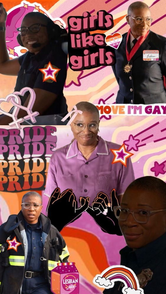 A pink orange and white collage to match the colors of the lesbian flag with pictures of hen. It says “girls like girls” “move I’m gay” and pride!