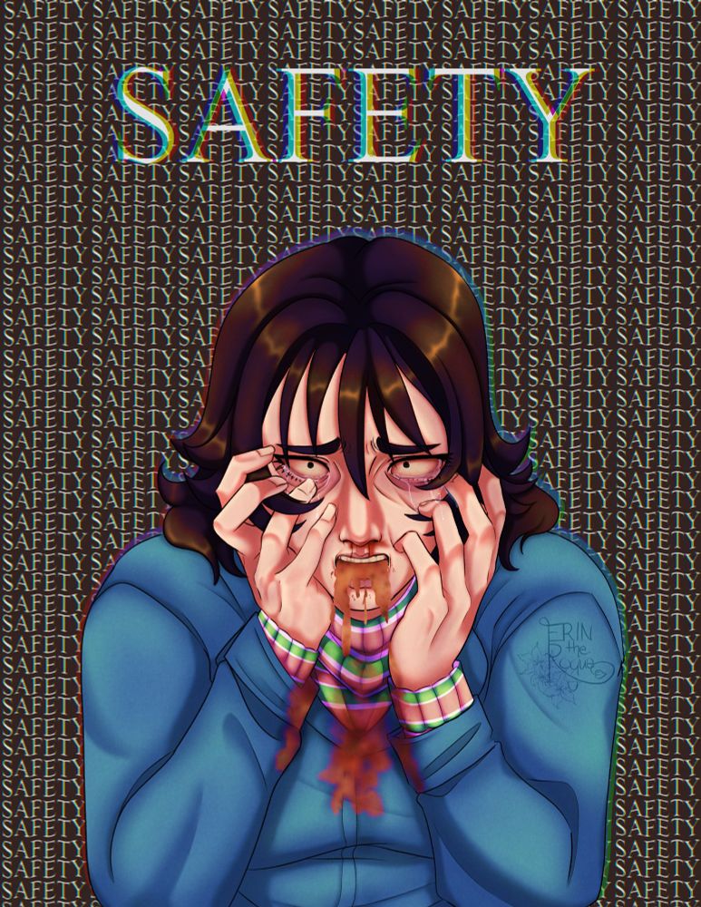 A drawing of Anya from the game Mouthwashing vomiting while holding her face. The word Safety is written above and behind her in a glitched font. 