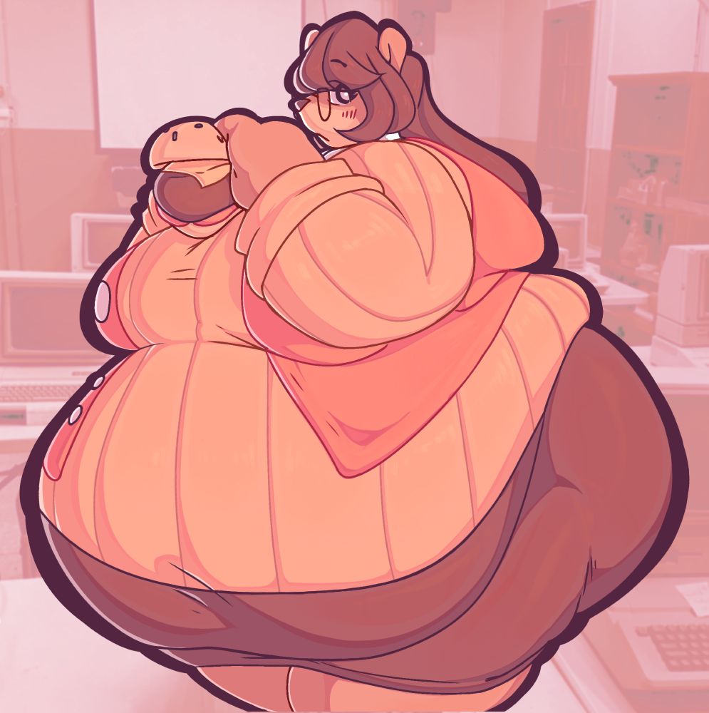A very large bear lady named Penny holding a giant burger while in a computer lab.