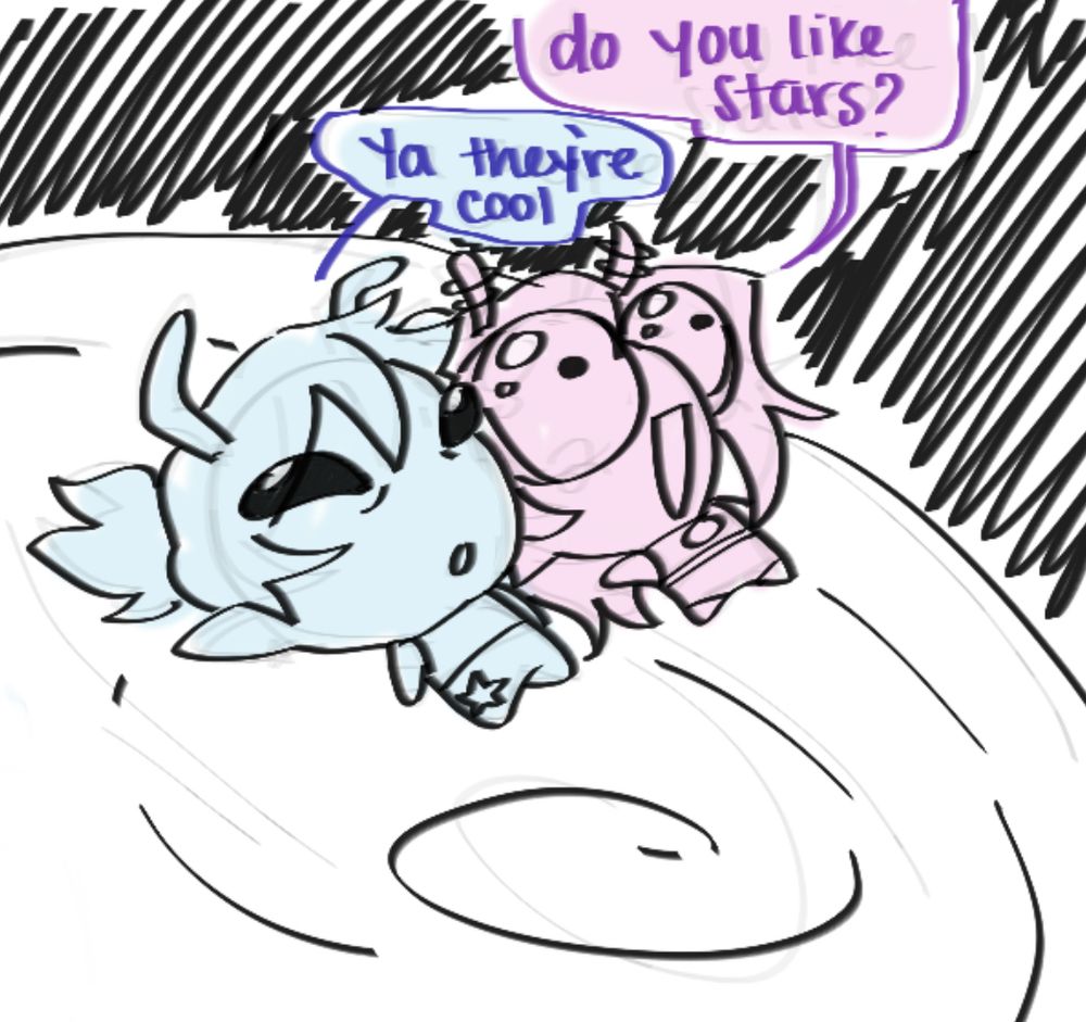 alien meme where liddy/tabby alien sonas are lying down staring up at the sky

liddy: do you like stars?
tabby: ya they’re cool