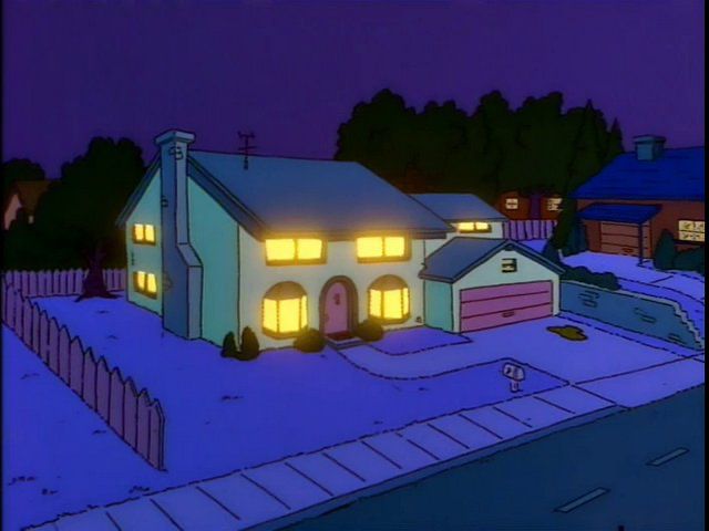 The Simpson home at night, all windows aglow 
