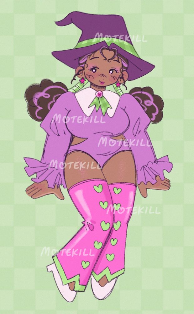 witch character. chubby built and brown skin, curly brown hair with purple streaks, purple and plaid green witch hat, bodysuit with puffy sleeves and ruffles at the end, white collar, plaid green ribbon with button on the neck, latex hot pink boots with a line of green hearts in the middle, white shoes, glitter on body + eyes
