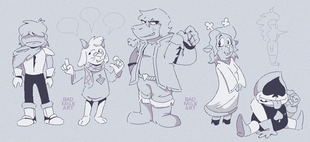 A lineup of Kris, Ralsei, Susie, Noelle, and Lancer. The text says "BAD MILK ART".