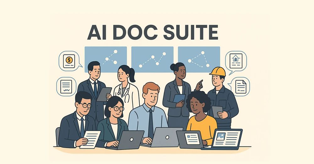 “Professionals from diverse industries — including finance, healthcare, legal, education, and engineering — collaborating with laptops and tablets in an AI-powered workspace labeled ‘AI Doc Suite’, representing intelligent document automation and cross-industry workflow innovation.”