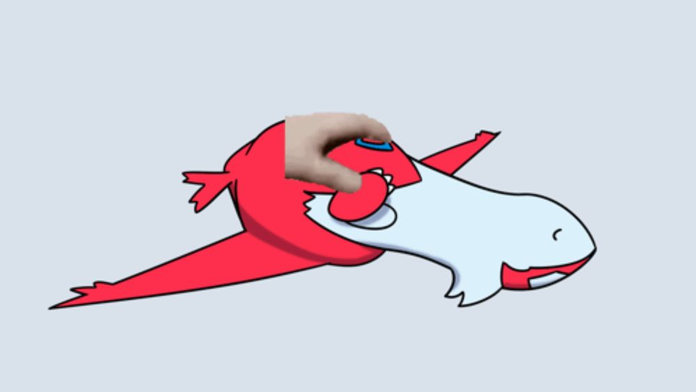 a cartoon drawing of a red and white shark with a hand sticking out of its mouth