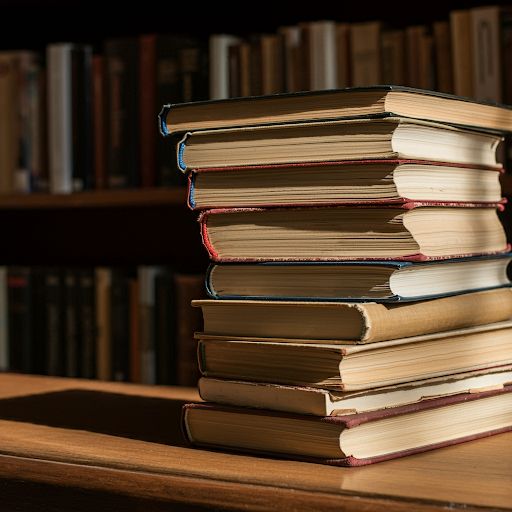 A stack of books in a library. They are on their sides on a table. 