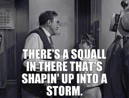 Still image of a scene from the film “It’s a Wonderful Life” featuring the characters of Uncle Billy and young George Bailey with the text “There’s a squall in there that’s shapin’ up into a storm” superimposed (the quote is spoken by Uncle Billy in the movie).