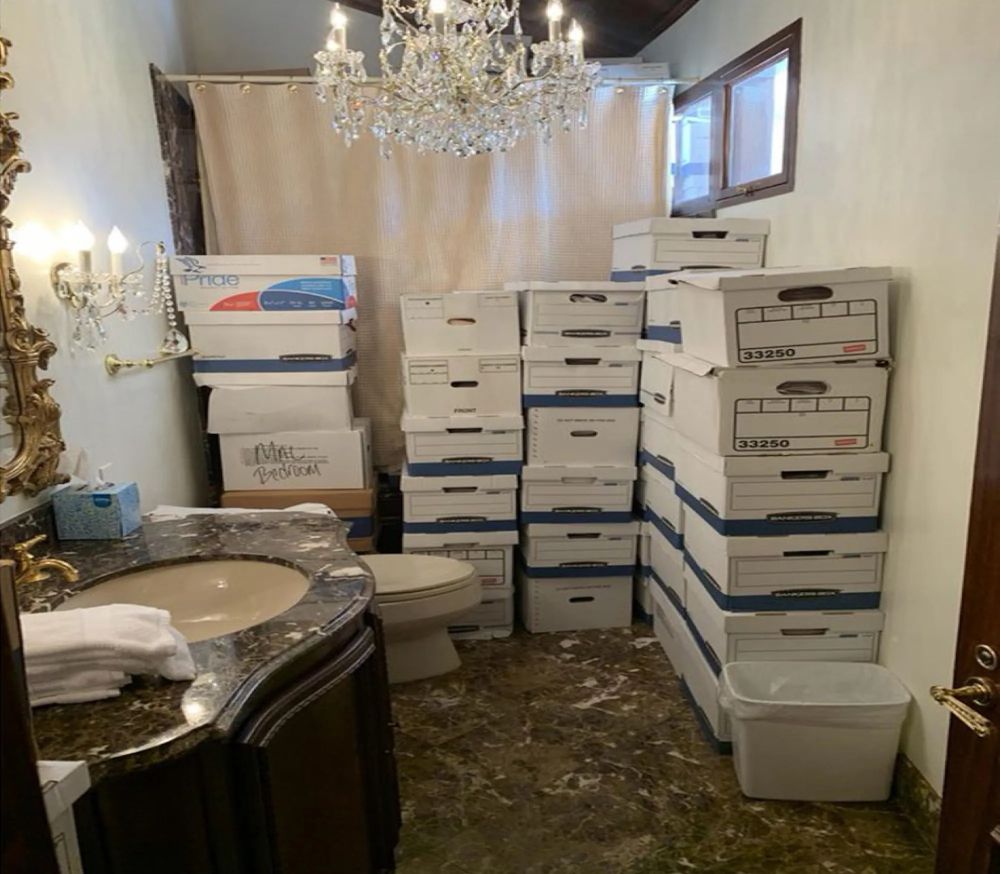 Mar A Lago bathroom, loaded with boxes of files Trump stole from the American public 