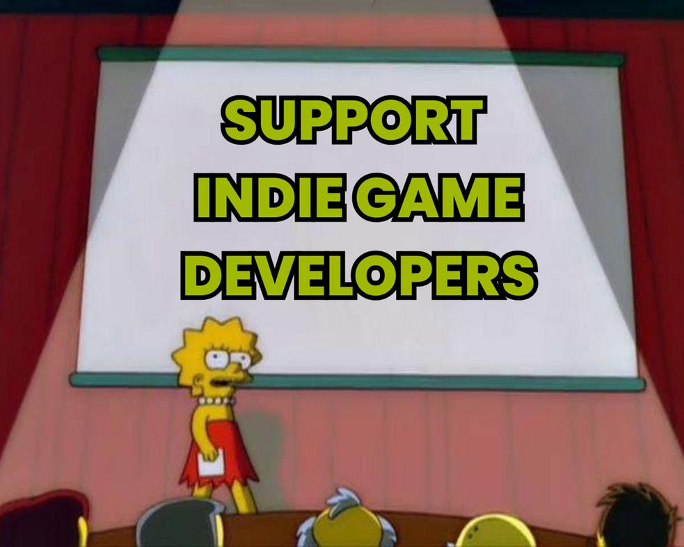 Image of Lisa Simpson standing in front of a crowd of people with a projector screen behind her. Green text with a black outline on the screen reads, "Support Indie Game Developers"